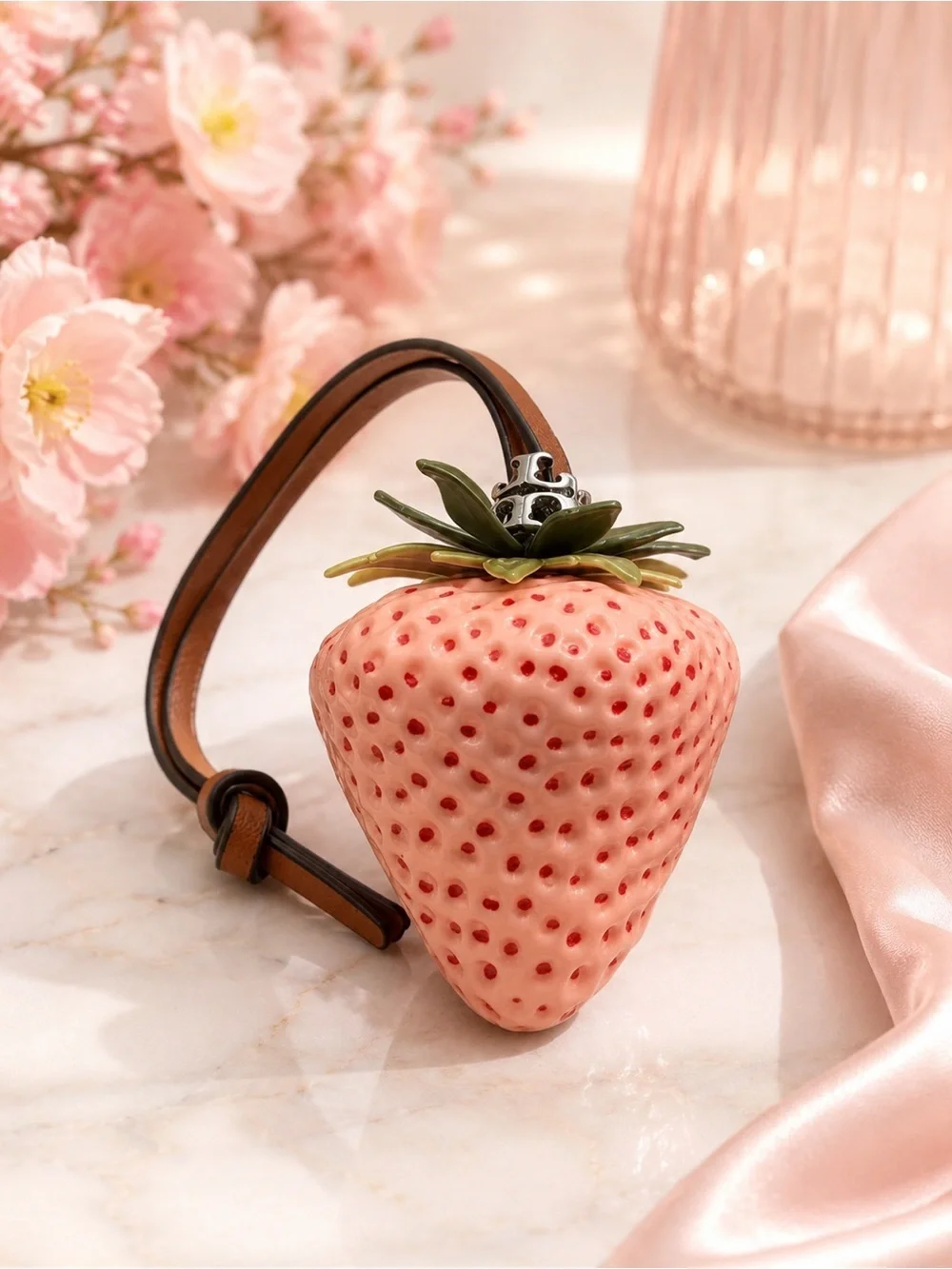 Tory Burch Pink Strawberry Key & Bag Charm with Brown Leather Strap